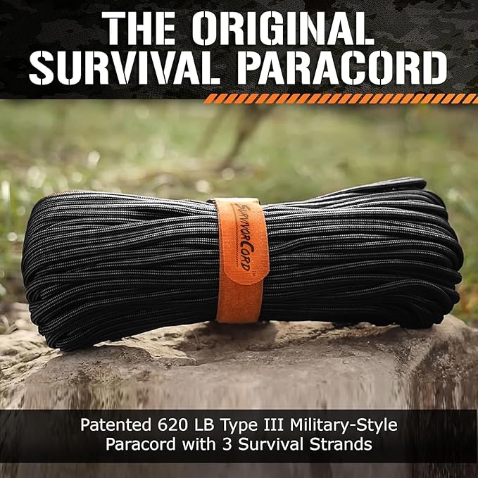 Titan Survival Patented Paracord 550-25ft, 100ft, 500ft & Color Options - 620LB Strength Survival Paracord Military Spec with 3 Strands - Heavy Duty Hank Cord for Camping & Outdoors with Firestarter