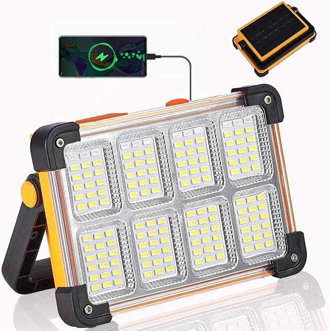 Vcwtty 120W LED Solar Work Light, 144 LED 10000LM Portable Flood Light with Stand, 4 Modes Rechargeable, IP65 Waterproof Outdoor Working Light for Camping, Fishing, Car Repair & Mechanics (1)