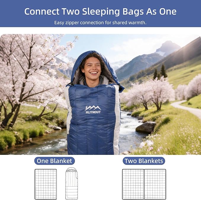 3-in-1 Down Sleeping Bag for Adults with Detachable Hood, 32°F 45°F Rectangular Lightweight Down Blanket Sleeping Bag for Camping Hiking and Backpacking Outdoor and Indoor 4 Season