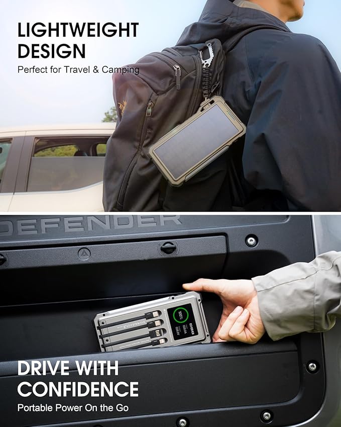 Solar Power Bank 44400 mWH, 45W Fast Charging with 4 Built-in Cables & Car Battery Jumper Starter Portable, 12V Battery Booster Pack with Smart Display,Gift for Men, Gray