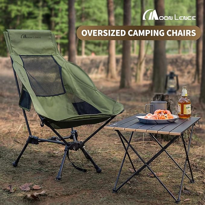 MOON LENCE High Back Folding Camping Chair, 330lbs Portable Compact Chair with Wide Seat & Ergonomic Back Support (Khaki)