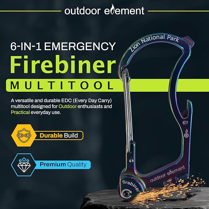 OUTDOOR ELEMENT Firebiner Custom Engraved 6-in-1 Fire Starter Carabiner Multitool – Survival Gear EDC Keychain with Utility Blade, Bottle Opener, Screwdriver, Emergency Tool
