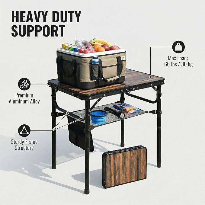 Small Folding Camping Table, 2ft Portable Picnic Table Aluminum 24" x 16" Folding Table, 3 Adjustable Heights Portable Lightweight Table Dining Table for RV, Picnic, Beach (Wood Grain)