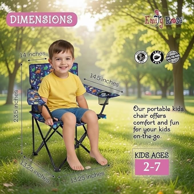 Emily Rose Playful Dinosaurs Kids Folding Camp Chair - Lightweight Portable Toddler Beach Chair Ages 2-7 with Safety Lock Cup Holder Carry Case 125 lb Capacity for Boys Girls Outdoor Adventures