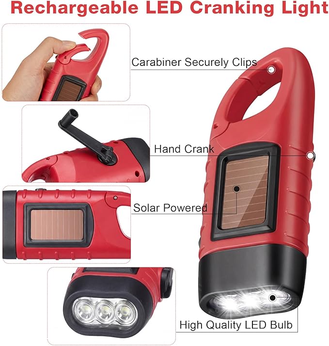 Mudder 4 Pack Hand Crank Solar Powered Flashlight Emergency Rechargeable Led Flashlight Survival Gear Self Powered Charging Torch for Hiking Backpack Camping Safety Emergency Pack (Black, Red)
