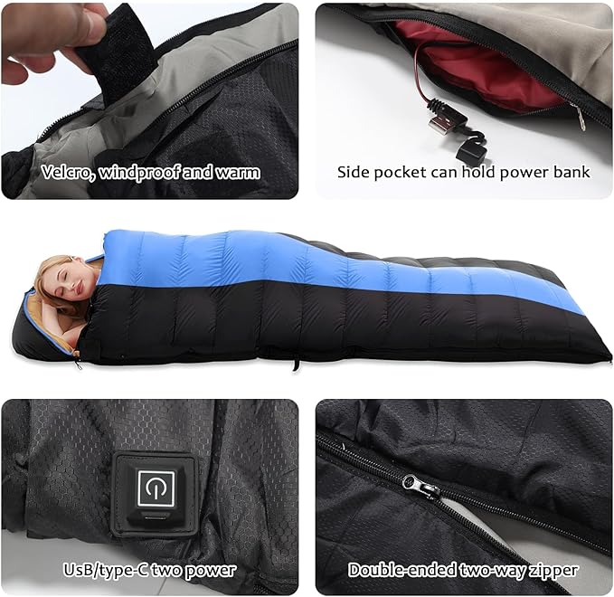Longzhuo Heated Sleeping Bags for Adults Kids - Portable USB Power Warm Sleeping Bag for Camping with 4 Heating Zones, Cold Weather Sleeping Bag for All Season Camping Hiking Backpacking