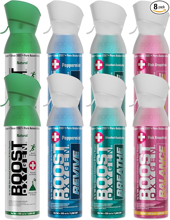 Boost Oxygen Medium Variety Collection | Natural, Peppermint, Menthol-Eucalyptus & Pink Grapefruit (8 Pack)