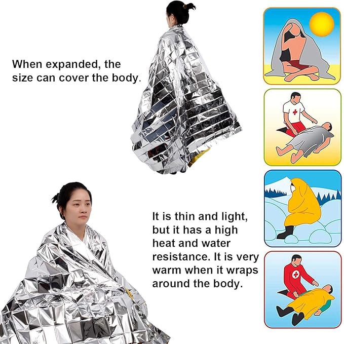 Emergency Blanket Mylar Survival Blanket 82" X 62" Two-Sided Extra Large – Moisture Proof and 90% Heat Retention Foil Space Solar Emergency Thermal Blanket Pack of 10