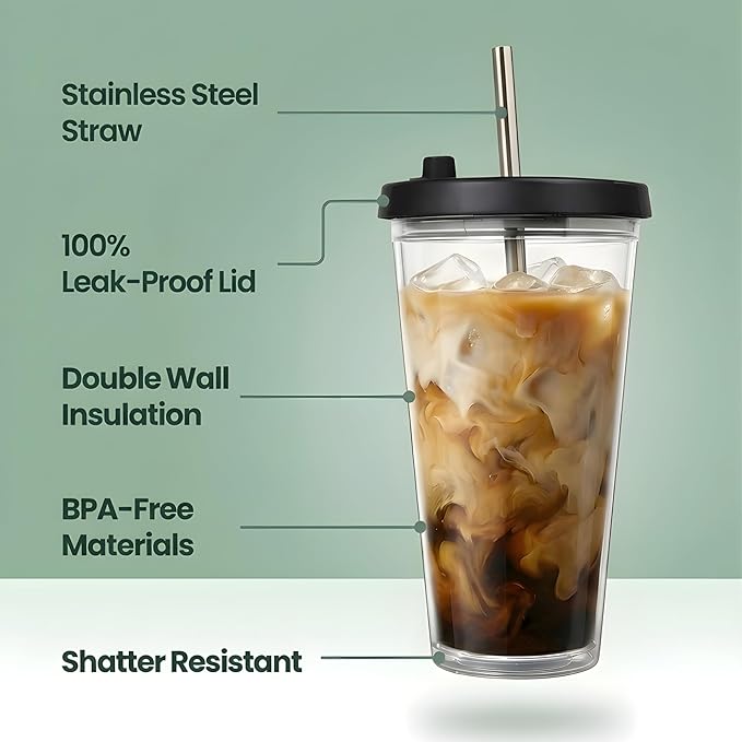 Kensal Home Reusable Iced Coffee Cup (16 Oz/Grande), Leak Proof and Double Wall Insulated Iced Coffee Tumbler, Come with Reusable Plastic and Metal Straws and Straw Cleaner - Black