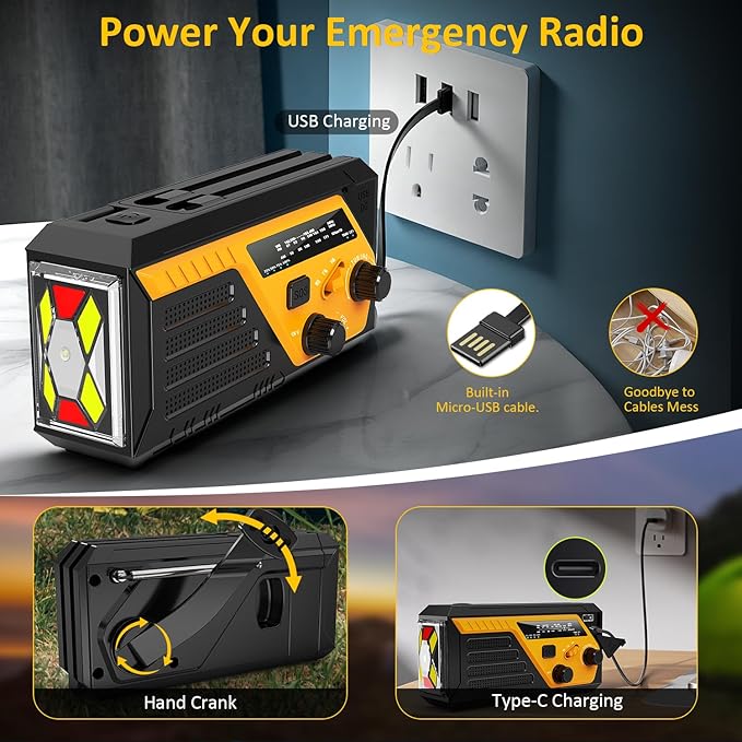 Emergency Radio with 4 Charging Cables, 22000mWh AM FM NOAA Weather Radio, Flashlight, Reading Lamp, SOS Alarm, Hand Crank Radio Phone Charger for Home Outdoor Emergencies.