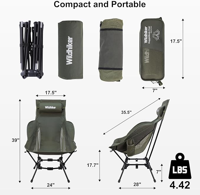 Wildhiker Compact High Back Camping Chair - Foldable with Dual Sitting Modes, Pillow, Arm Pads and Side Pockets - Lightweight Portable Chair for Motorcycle, RV, Festival, Travel - Green