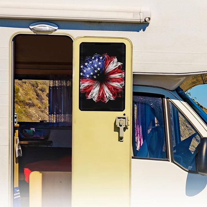American Flag Flower RV Door Window Shade Cover, RV Door Window UV Protective Cover, Foldable Travel Trailer Motorhome Rv Screen Door Protector, RV Accessories for Inside