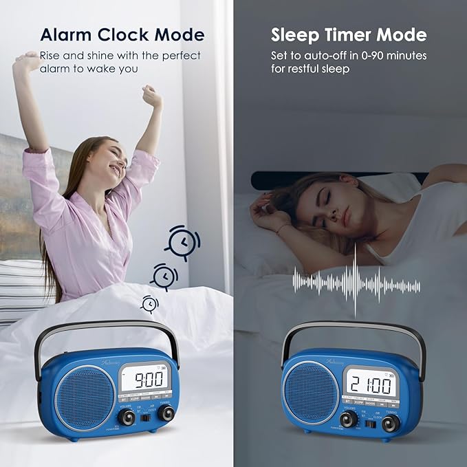 Portable AM FM Rechargeable Radio with Best Reception, Digital Time/Station Display,AC Power or Battery Power Radio with Bluetooth Speaker for Home/Kitchen/Outdoor (Cobalt Blue)