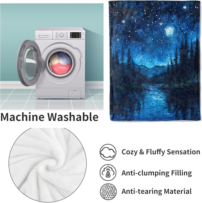 Starry Night Forest Flannel Blanket, Starry Night Gifts, Nature-Themed Blanket for Women, Soft Lightweight Throw Blankets for Bed Home Travel Decor 60" x 80"