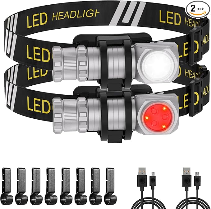 High Lumens LED Rechargeable Headlamp for Adults - Hard Hat Light Running Head Lamp with Red Light, Magnet, 180° Tilt, 7 Modes, Detachable Flashlight & Headband, Outdoor, Emergency 2PC, Silver