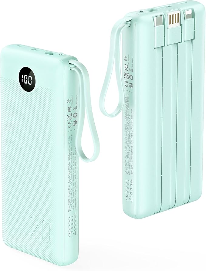 VRURC Portable Charger 20000mAh, Built-in Cables Fast Charging Power Bank, PD QC 3.0 Travel Essentials Battery Pack, 4 Output & 2 Input Phone Charger for iPhone16 15 14 13 X, Samsung, Android