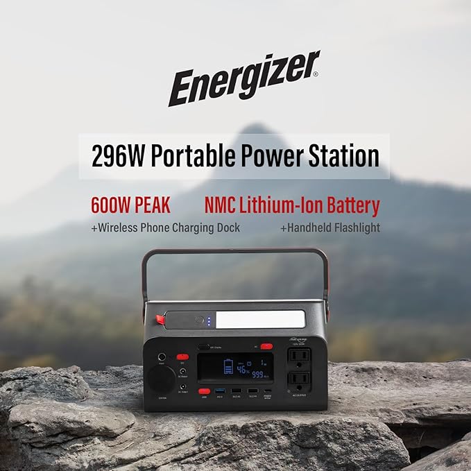 Energizer 293W Portable Power Station, Flashlight, Lithium, Solar Generator, 120V/300W(Peak 600W) Pure Sine Wave AC Outlet, 60W USB-C PD, Case, Outdoor, Home Emergency, Power Outage, RV, Camping, CPAP