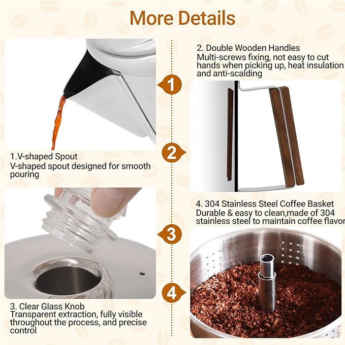 No Coating 12 Cup Percolator Coffee Pot 304 Stainless Steel Moka Pot Stovetop Espresso Maker Italian Greca Cuban Machine 2200ml 74.4oz Suitable for Gas Induction Stovetop Camping Kettle