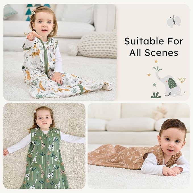 Baby Sleep Sack 18-24 months, 100% Cotton Sleeping Sack for Newborn and Infant, 3 Pack Baby Wearable Blanket for Boy and Girl, 0.5 Tog Lightweight Double Zipper Sleep Bag Green Brown Giraffe