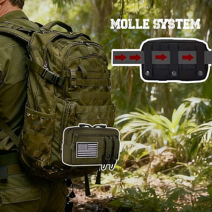Tactical Molle Admin Pouch with 2 Keychains & US Flag Patch - Laser Cut EDC Modular Pouch for Outdoor, Survival, Daily Carry