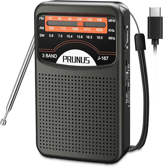 PRUNUS Portable Radio AM FM with USB Charging, Earphone Jack, Handheld Radios, Excellent Reception, Knob Easy to use, Tansistor Radio, J-167