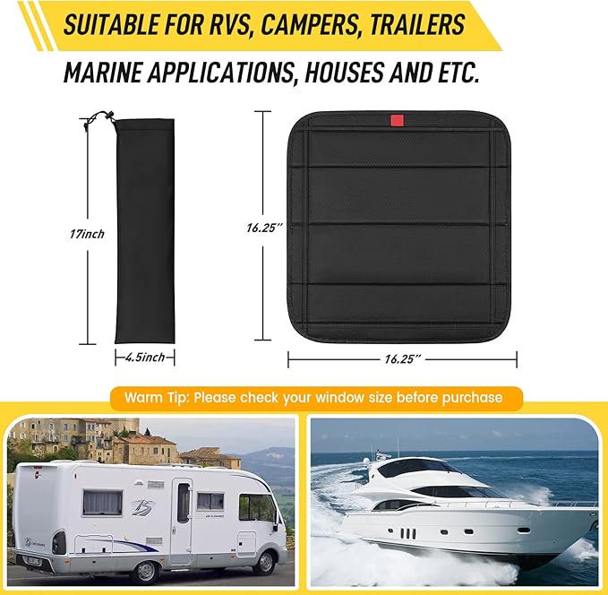 Magnetic RV Vent Cover - 16.25 x 16.25 Inch Foldable Magnet RV Blackout Window Shade Sun Cover with UV Protection and Waterproofing, Comes with Storage Bag (Black)