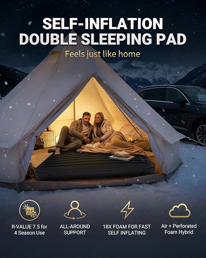 KingCamp PREMIUM DOUBLE Self Inflating Sleeping Pad with Air Pump, 7.5 R-Value Air & Foam Camping Mattress 2 Person, 3" Thick Full Size Double Insulated Sleeping Pad for Car Camp Tent, PVC Free, Black