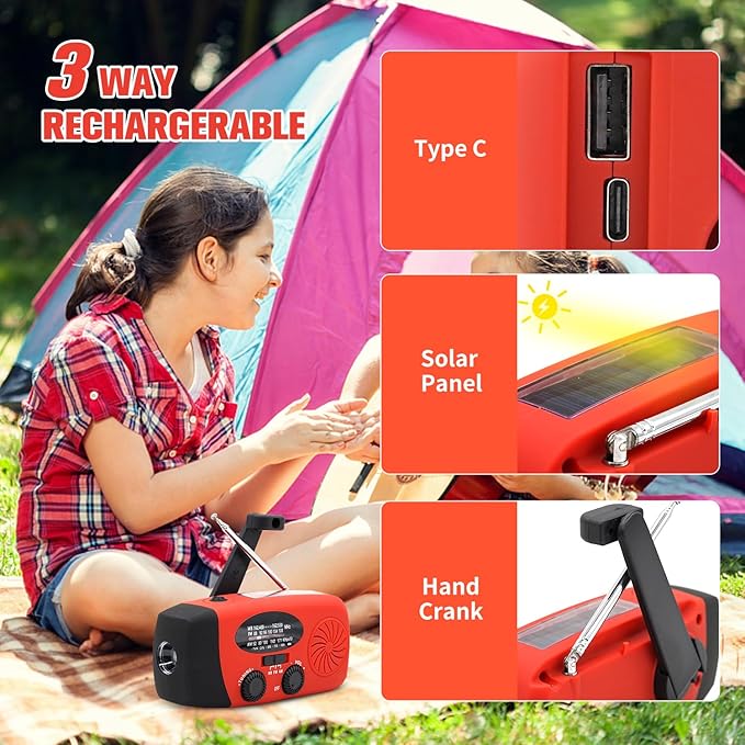 iRonsnow Solar Emergency Hand Crank Weather Radio, Portable Self Powered NOAA AM/FM Radios with SOS Alarm LED Flashlight 5000mAh Smart Phone USB Charger for Camping (Red)