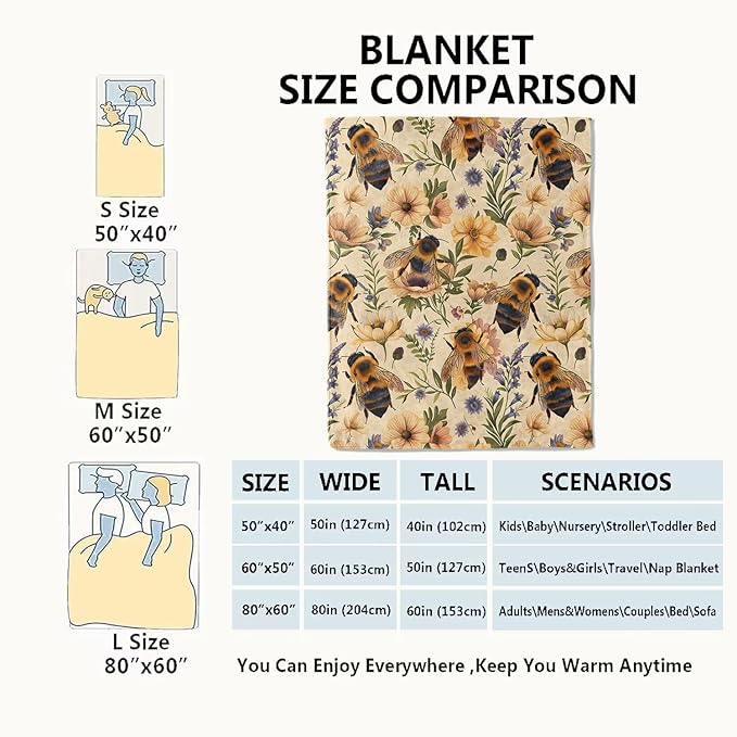 Bumblebee and Floral Blanket Bee and Wildflower Yellow Throw Blankets Gifts for Girls Boys Adults Lightweight Soft Fleece Cozy for Sofa Couch Bed Room Travel Birthday Decor 60x80in