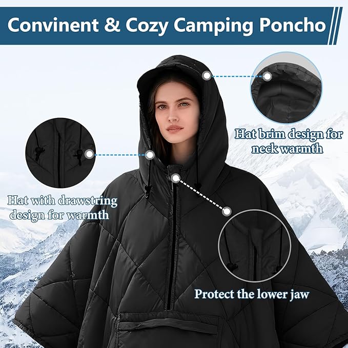 Camping Outdoor Blanket, Ultralight Down Alternative Printed Travel Camp Blankets for Sleeping Packable Waterproof Puffy Quilt for Hammock Picnic Stadium Beach Cold Weather (Black Blanket Poncho)