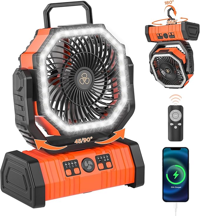 Rechargeable Camping Fan with LED Lantern, 20000mAh Auto-Oscillating Battery Operated with Remote/Hook/Timer, 8” Portable Fan for Picnic, Fishing,Tent, RV, Power Outages, Hurricane(Orange)