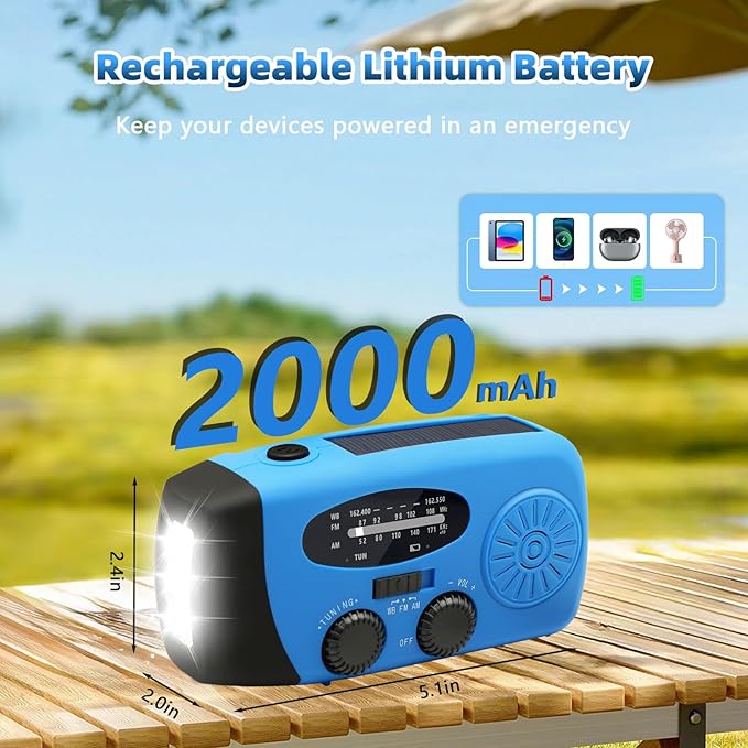 WVL Hand Crank Weather Radio, NOAA Emergency Radio Portable AM/FM Solar Powered 7400mWh with Flashlight, SOS Siren & Phone Charger for Camping & Survival(Blue)