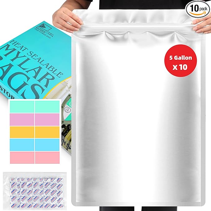 10PCS 5 Gallon Mylar Bags with 2500CC Oxygen Absorbers and Labels, Zipper Resealable Pouches Heat Sealable Bags for Long Term Food Storage