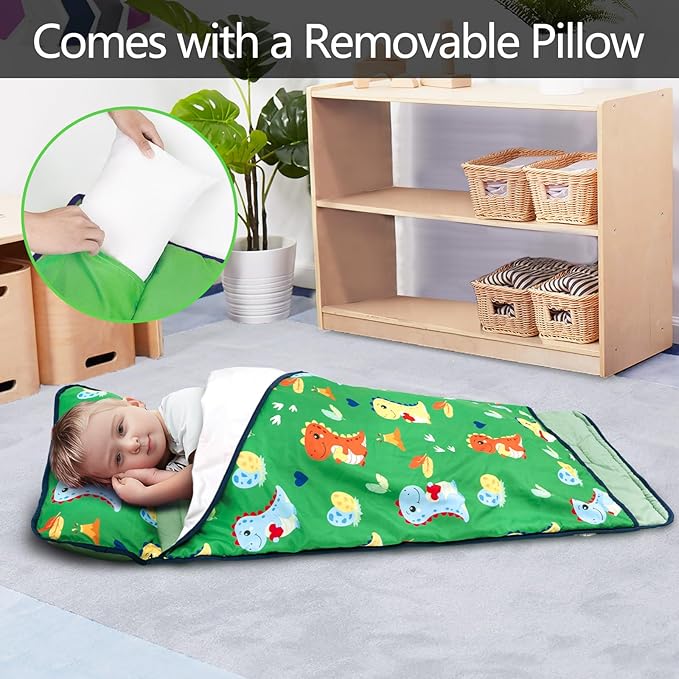 Primlect Lightweight Toddler Nap Mat, Portable Rolled Design Perfect for Daycare Travel, 51”x31 All-in-One Sleeping Bag with Removable Pillow and Fleece Blanket for Boys Girls, Machine Washable