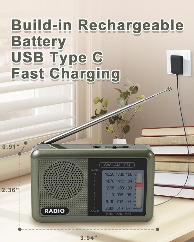 3 Band Mini Pocket Radio with Rechargeable Battery, Portable FM AM Shortwave Radios, Type C Charging Transistor SW Radio with 3.5mm Earphone Jack for Elderly Kids