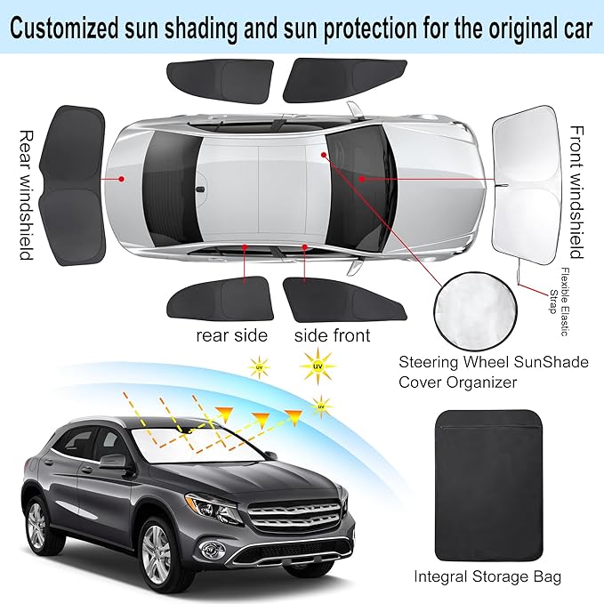 6PCS Windshield Sun Shade Custom Fit for 2015-2020 Mercedes Benz GLA Accessories Foldable Sunshade Side Rear Window Shade Cover Full Set Privacy Protection Keeps Car Cool