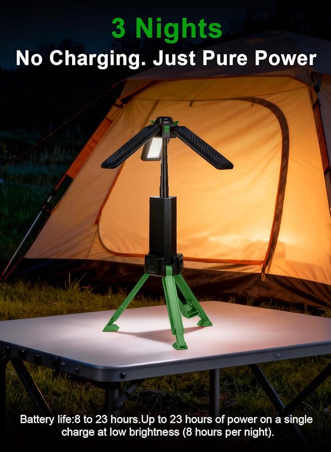 15000mAh Rechargeable Telescopic Camping Light, Portable Flashlight & Lantern with Reinforced Tripod Base, Height Adjustable Dimmable Tent Light, Power Bank for Outdoor BBQ, Hiking, Job Site, Green