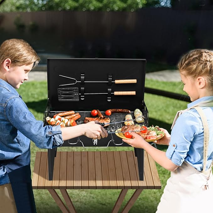 Outvita Portable Charcoal Grill, Outdoor Foldable BBQ Grill with Barbecue Accessories & Lid for Cooking Camping Picnic Hiking Beach Party Patio Smokers, Height Adjustable for 3 to 5 People