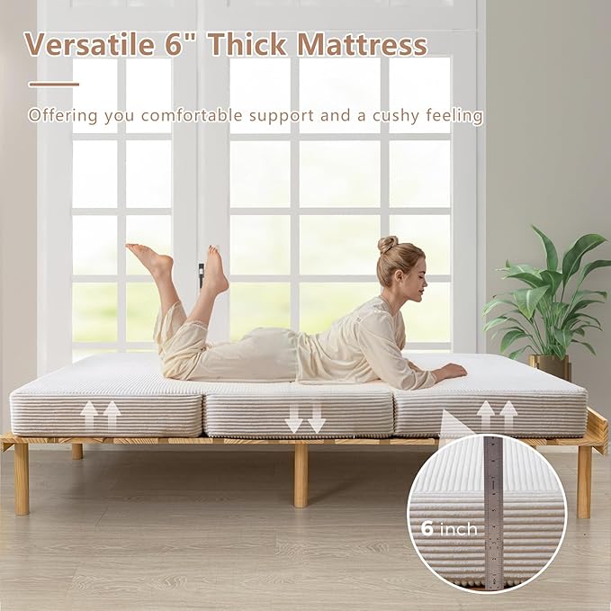 BYBYME Tri-Folding Corduroy Mattress, 6 Inches Gel Folding Mattress Topper, Foldable Soft Guest Bed Camping Pad, Washable Cover (Beige, Full)