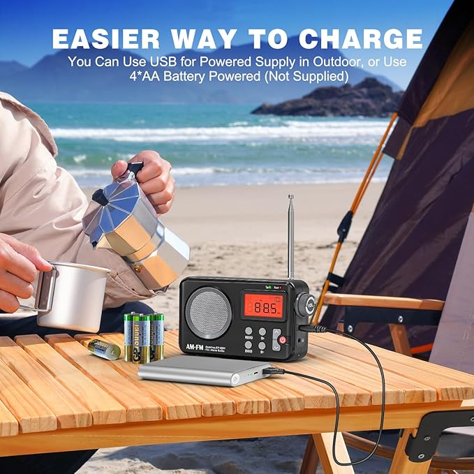 Goodes Portable AM FM Radio, Transistor Radio with Large Display, Alarm Clock, Sleep Timer and Headphone Jack, 4AA Battery Operated or Plug in Wall, for Home, Outdoor, Emergency