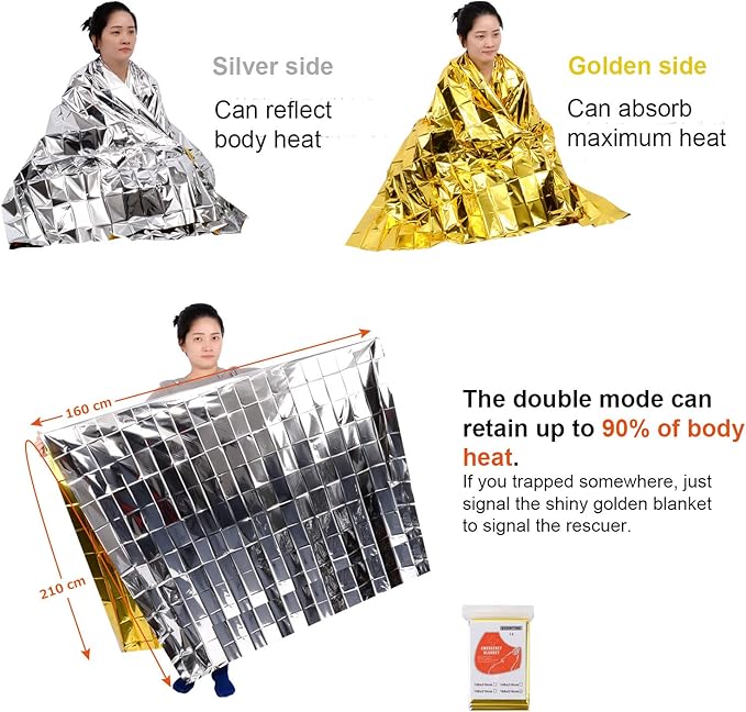 Emergency Blanket Mylar Survival Blanket 82" X 62" Two-Sided Extra Large – Moisture Proof and 90% Heat Retention Foil Space Solar Emergency Thermal Blanket Pack of 10