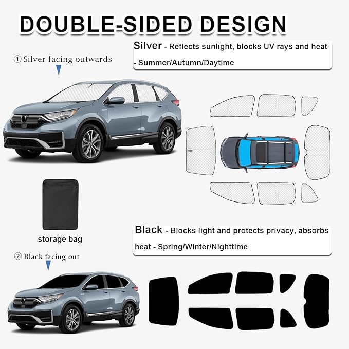 KMF 8pcs Thicken Sun Shades for Honda CR-V 2017-2022 Accessories, CRV Sunshade Full Car Window Covers for Windshield Side Rear, UV Block and Blackout Privacy for Camping Outdoor