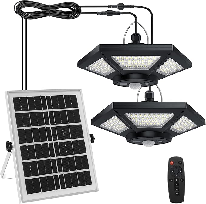 Aqonsie Solar Shed Light Indoor Outdoor 180LED Dual Head Solar Powered Pandent Daytime Work Lights with 5 Lighting Modes & 3 Timers, Solar Indoor Lights Motion Sensor with Remote for Shed Barn Garage