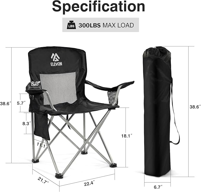 Elevon Camping Chair, Portable Folding Outdoor Chair with Arms, Cup Holder and Carry Bag