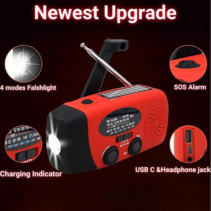 Hand Crank Emergency Weather Radio, AM FM NOAA Solar Radio with Led Flashlight and Earphone Jack, 2000mAh Charger for Smartphone, Self Powered LED Flashlight with SOS Alarm