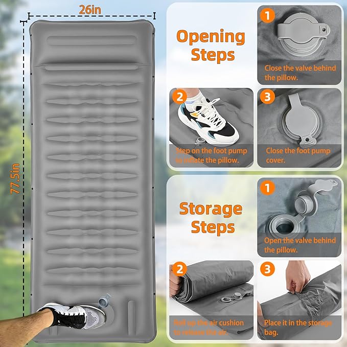 Extra Thick Camping Sleeping Pad – Self Inflating Camping Mat with Ultralight Sleeping Bag Liner, Backpacking Camping Pad with Pillow & Foot Pump for Outdoor Hiking, Tent, Travel (Gray)
