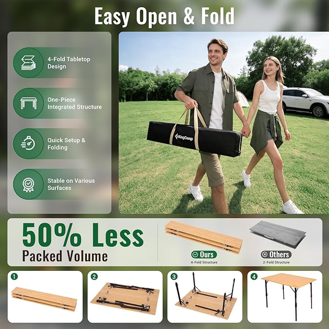 KingCamp 4-Fold Bamboo Camping Table with Serrated Adjustable Legs (16.5" to 27.6"), Heavy-Duty Aluminum Frame & Carry Bag for Outdoor, RV, Picnic, Beach