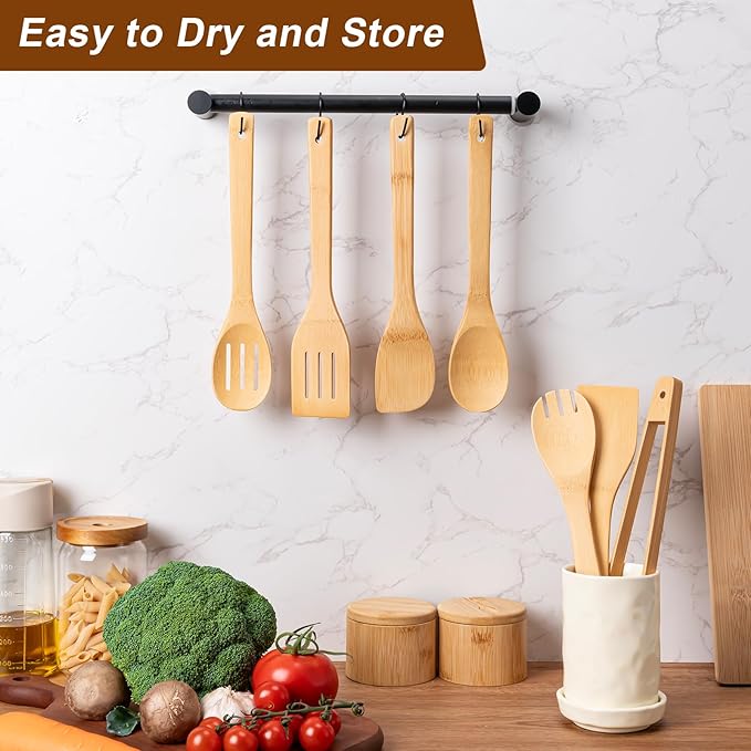 Eisinly Wooden Spoons for Cooking 7-Piece, Kitchen Nonstick Bamboo Cooking Utensils Set, Durability Wooden Spatula Spoon for Everyday Use, Smooth Edge