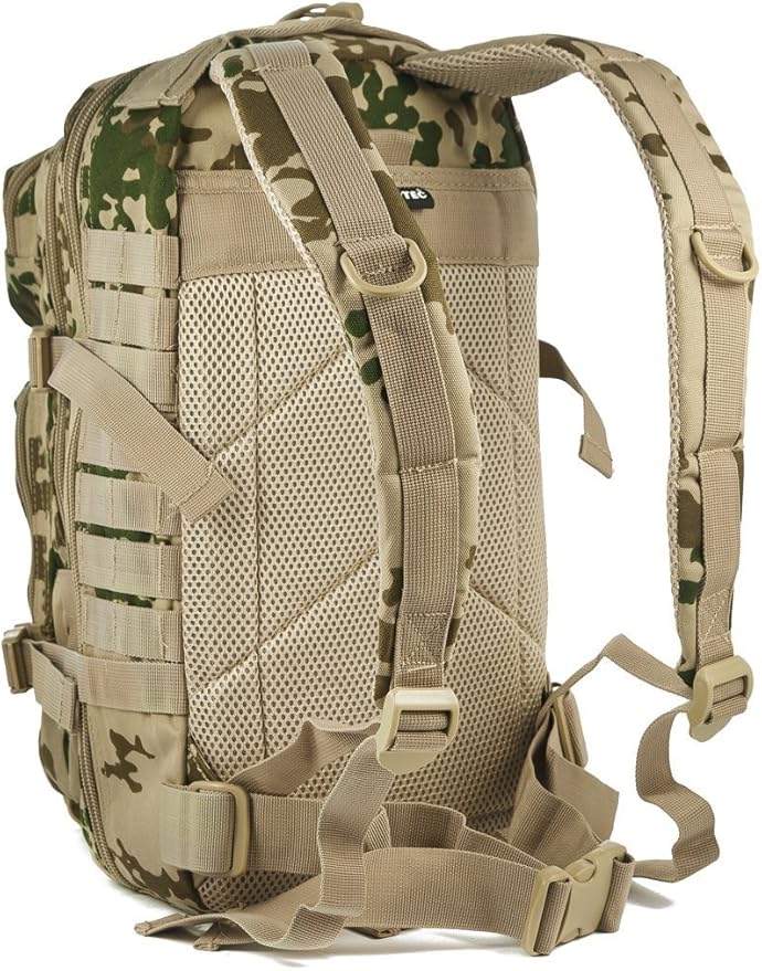 Mil-Tec Unisex Assault Pack - Rugged Durable Lightweight Ergonomic Versatile Tactical Outdoor Camping Hiking Backpack with Adjustable Padded Shoulder Straps & MOLLE Loops, Tropical Camo, 20L