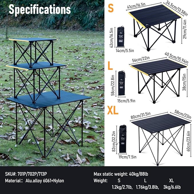 iClimb Ultralight Compact Camping Folding Table with Carry Bag (Reinforced Black - XL)
